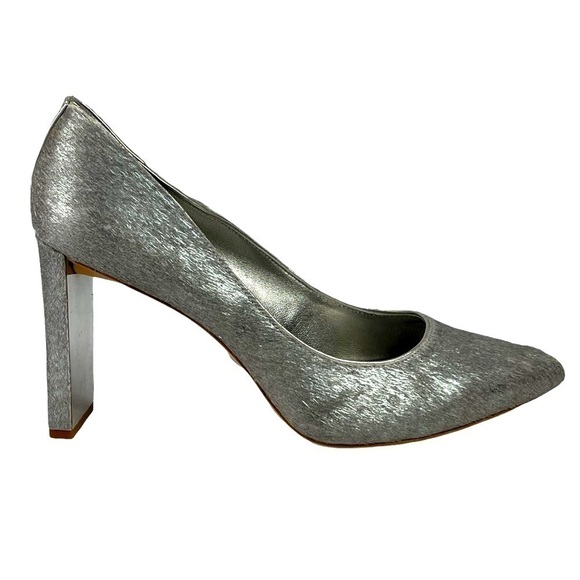 DONNA KARAN NY CRISS SILVER METALLIC PONY HAIR POINTED TOE BLOCK HEEL PUMPS - Picture 2 of 15
